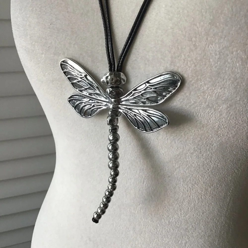 LAST 1! NEW Dragonfly Statement Necklace Movable Wings Gardener Black Cord Lucky